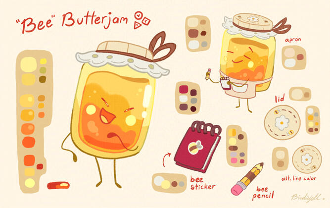 bee butterjam reference sheet of a jar of jam character