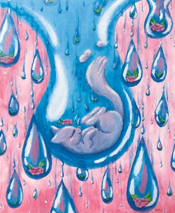 acrylic painting of a cat and flowers in waterdrops